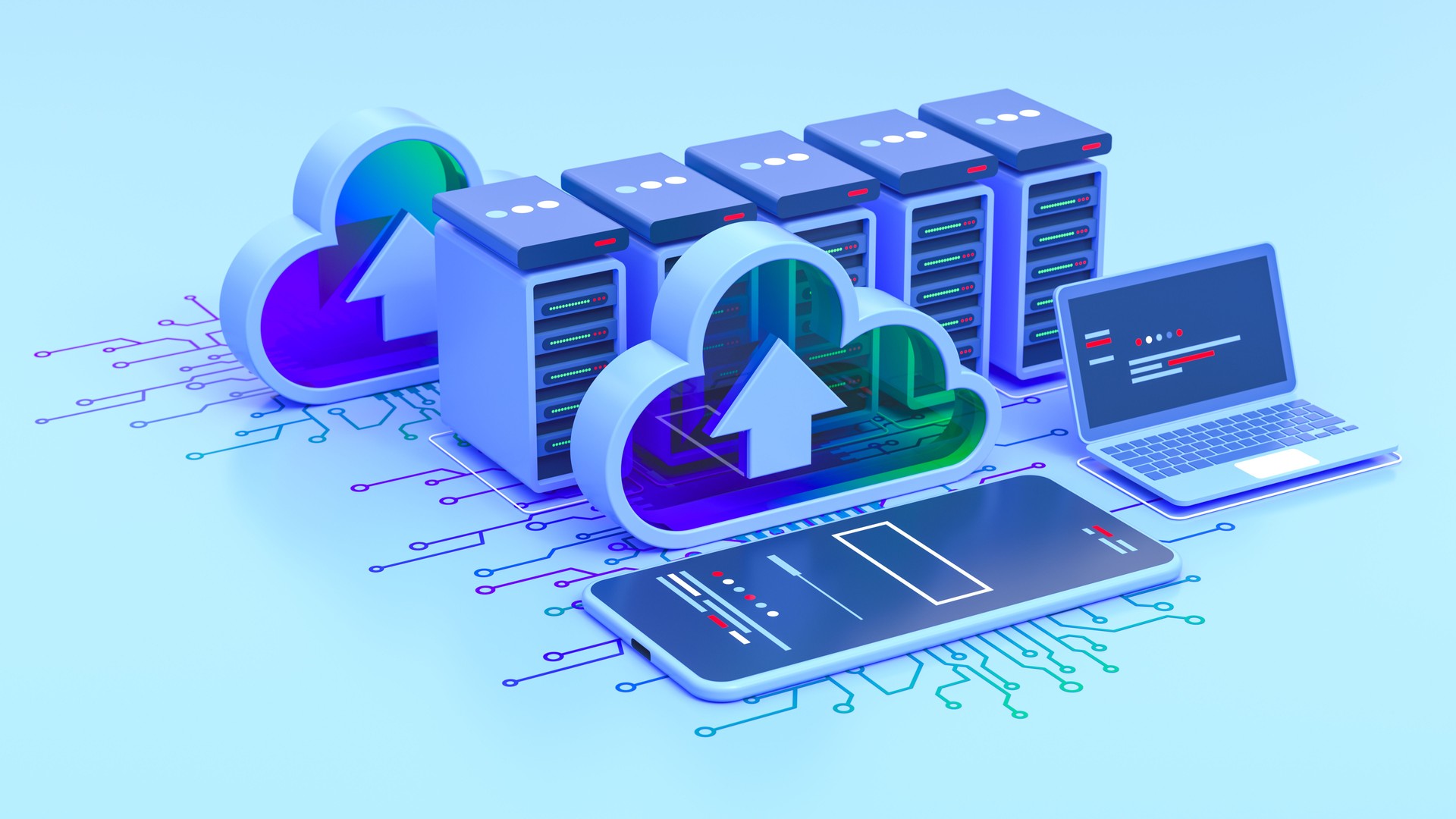 Cloud computing with server racks, cloud storage icon, and data storage, isometric view, blue color scheme, technology concept, digital infrastructure, cloud upload symbol, 3D render.